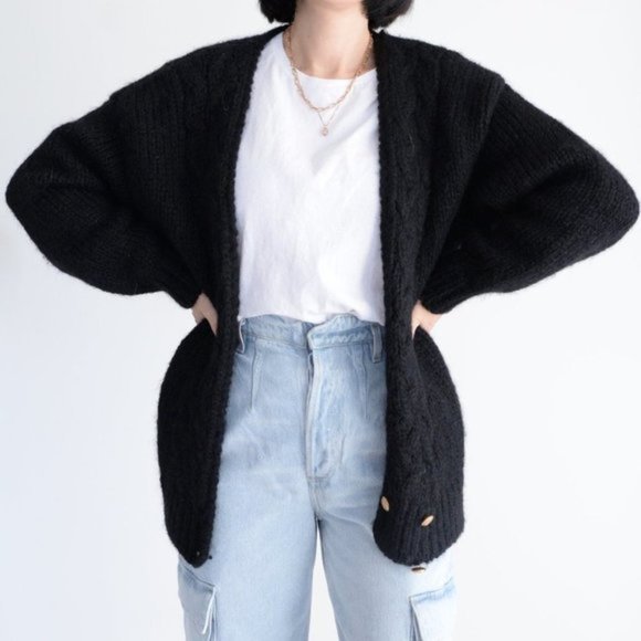 Vintage Eaton Black 50% Wool Open Face Cardigan with Buttons Size GL - Picture 2 of 10